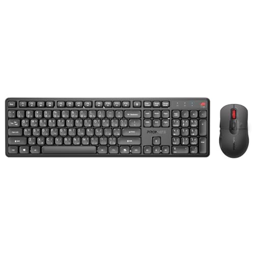 Promate Wireless Silent Keyboard & Mouse Combo Ergonomic Design Ultra Quiet Keys <22dB 5000DPI Adjustable Mouse Plug & Play 2.4GHz 10M Range Windows/macOS/Android ProCombo-15