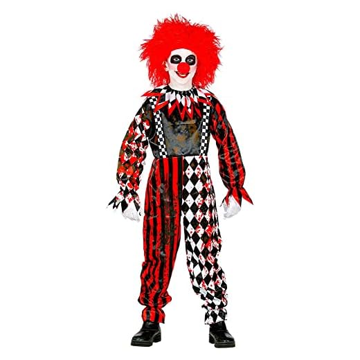Widmann - Barndräkt killer-clown, overall med krage, blodutsmetad, rutig ränder, skräck, psykomo, mördare, kostym, utklädnad, temafest, karneval, halloween
