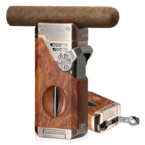Joyoldelf Cigar Torch Lighter Quad Flame - Refillable Jet Butane Windproof Lighter with Cutter, Punch & Fuel Window (Without Butane) - Premium Gift for Men, Outdoor Smoking, Portable Use by joyoldelf - Used condition - US$18.52