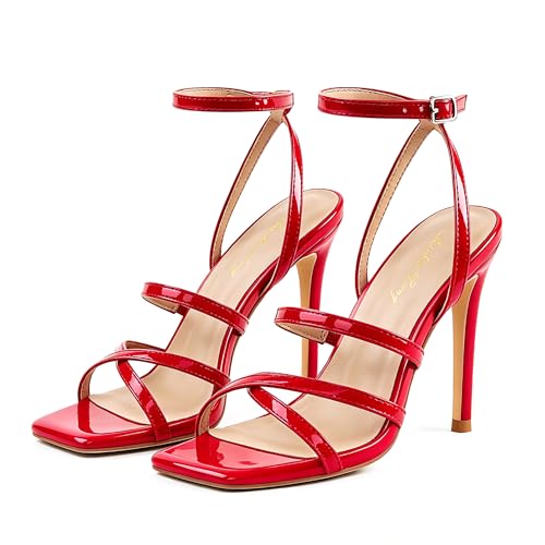 Image of Elisabet Tang Women's Crystal Stilettos Heeled Sandals, 4 Inch Square Open Toe Strappy Sexy High Heels Ankle Strap Buckle Heels for Party Wedding Dress Daily Wear Shoes