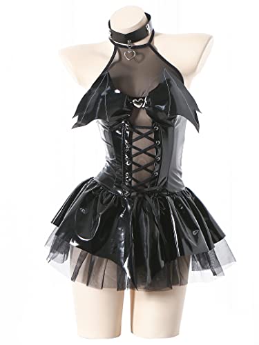 Zyimsva Damen Cosplay Halloween Bondage Fledermaus Imp See-Through Skirt Set (Schwarz, L)