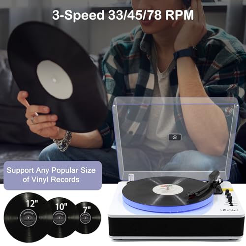 Image of LP&No.1 Record Player with Built-in Stereo Speakers, LED Control, 3-Speed Belt-Drive Vinyl Turntable with USB Playback & Recording, Wireless BT Input & Output, Auto Stop, Pitch Control | White Pearl