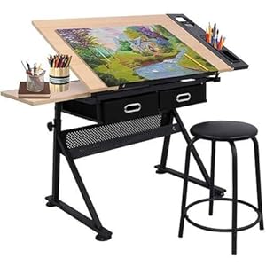 Drafting Table Drawing Desk Art&Craft Work Station Height Adjustable Tilting Tabletop Craft Table Desk w/Stool and 2 Storage Drawers for Home Office Study Room, Natural