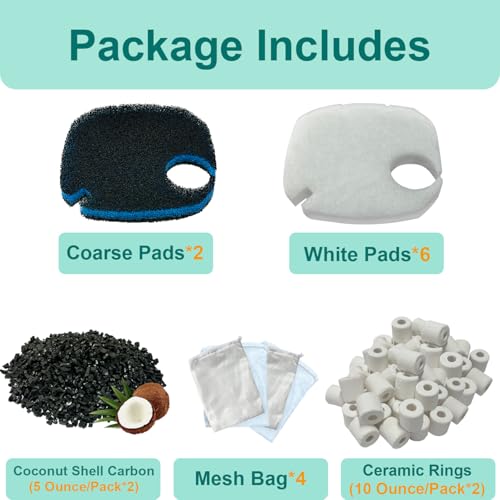 Image of 16 Pack Replacement Media Kit Compatible with AMOSIJOY 396GPH 3-Stage Canister External Aquarium Filter, Includes 6 White Pads, 2 Coarse Pads, 2 Activated Carbon, 2 Ceramic Rings & 4 Mesh Bags