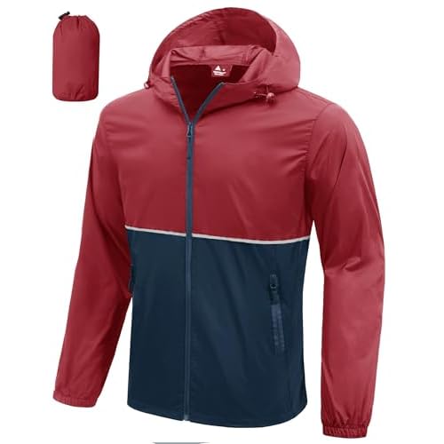 ZITY Men's Rain Jacket Waterproof with Hood Lightweight Windproof Raincoat for Golf Hiking Camping Cycling Large Blue Red