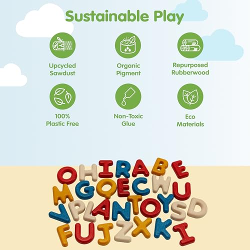 Image of PlanToys Wooden Upper Case Alphabet Letters | 31 Pc ABC Learning Toy for Toddlers | Montessori Wooden Alphabet Set for Spelling, Phonics & Preschool Learning | Educational Toy for Kids Ages 2+