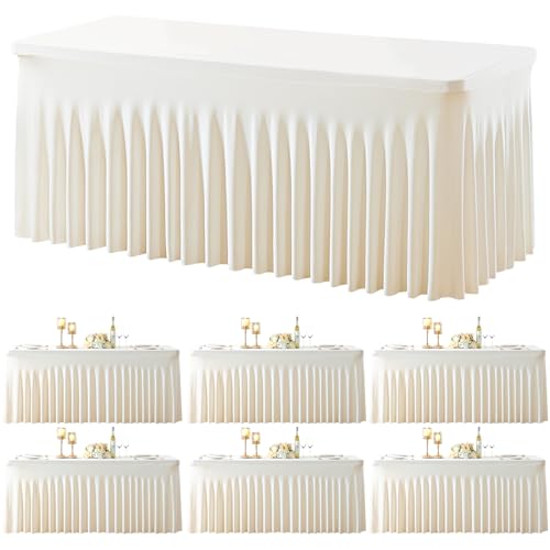 gogoparti 6 Pack Spandex Ivory Fitted Table Cloth for 6ft Rectangle Tables Ivory Stretch Tablecloth Banquet Table Covers Skirt Wrinkle Free Tablecloths for Parties Wedding