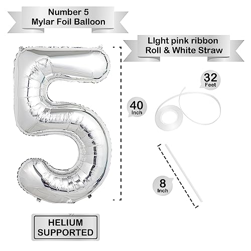 Image of 40 Inch Silver Number Balloons, Helium Mylar Foil Number Balloons for Birthdays, Number 5 Balloon for Party Wedding Bachelorette Birthday Bridal Shower Anniversary Celebration Party Decorations