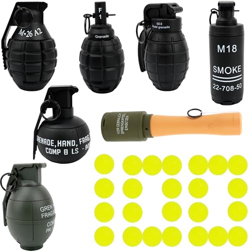 7 Pcs Tactical Toy Hand Grenade with 100 Foam Ammo Fall Resistant Refillable Fun Impact Pull Ring Grenade Toys for Battle Game 14 Years Old and up Outdoor Sport