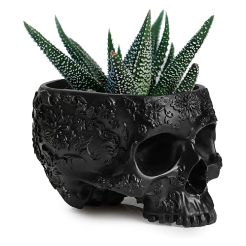 Black Skull Planter Pot 6 Inch Skeleton Head Pot for Succulents Flowers & Bowl Dish Gothic Decor for Garden Home Parties Haunted House Spooky Black Display Halloween Skull Flower Pot Decoration Gift