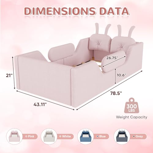 Image of Twin Size Kids Bed with Rabbit Cushions, Upholstered Boucle Fabric Platform Floor Twin Daybed with Removable Side Rail, Space-Saving Wooden Corner Sofa Couch Bed Frame for Girls, Boys, Teenager(Pink)