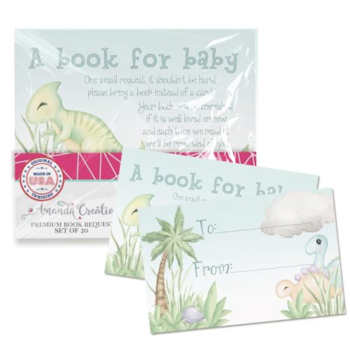 Amanda Creation Book Request Cards Blue Dinosaur Bring a Book Insert Request for Baby Shower - 20 2.5 by 4 Inch Double Sided Gift Tags, Made in the USA