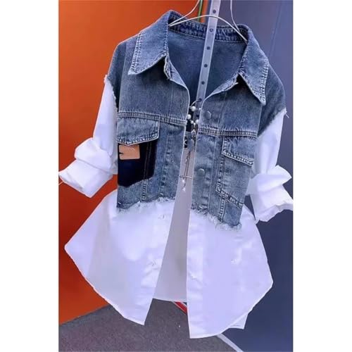 Women's Denim Patchwork Shirts Casual Long-Sleeved Lapel Buttons-Down Blouses Casual Tops2