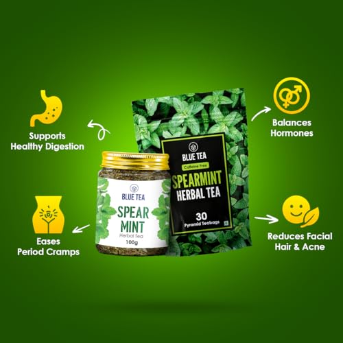 Image of BLUE TEA - Combo Pack - Spearmint Herbal Tea - 100 gm & 30 Tea Bags - Plant Based | Pcos Relief | Balances Hormones | Reduces Facial Hair & Acne | Supports Digestion | Herbal Tea - Caffeine Free | Zipper & Pet Jar