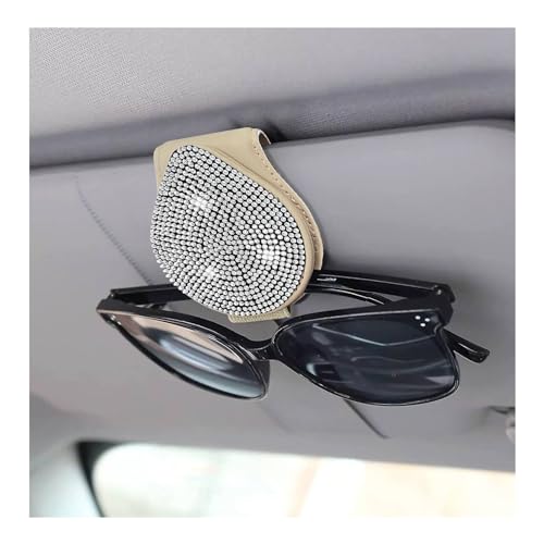 Augeny Bling Sunglass Holder for Car Sun Visor, Leather Auto Visor Eyeglasses Clip Mount with Rhinestones, Bling Glasses Holder for Women Girls, Universal Car Interior Accessories (Beige & White)