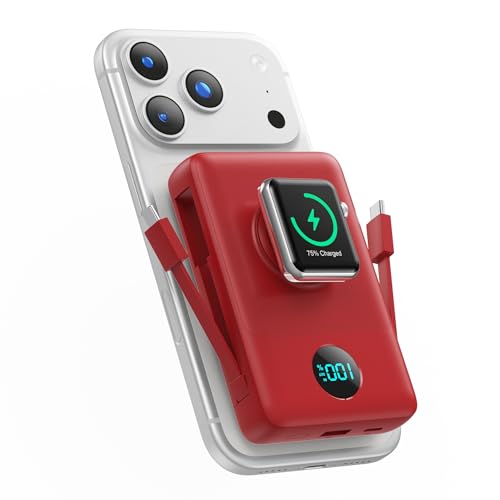 Image of 6 in 1 Magnetic Portable Charger for iPhone with Built-in Cables, 10800mAh 25W PD Fast Charging Power Bank, 6 Outputs Travel Essential Battery Pack for iPhone 17 /16 /15 /14 /13 /12,Apple Watch (Red)