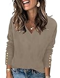 AKEWEI Women's Fall Tops 2025 Trendy V Neck Long Sleeve Shirts Plus Size Knitted Pullover Sweater(Khaki,XXL)
