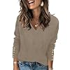 AKEWEI Womens V Neck Sweaters Long Sleeve Lightweight Knit Pullover Tops with Decorative Buttons