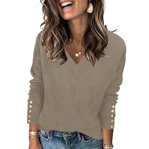 AKEWEI Womens V Neck Sweaters Long Sleeve Lightweight Knit Pullover Tops with Decorative Buttons