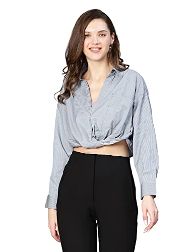 Image of oxolloxo Women Stripe Print Open Collared Cotton Crop Shirt