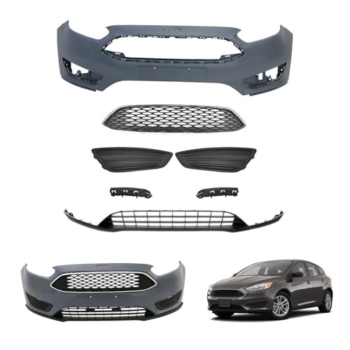 Focus Front Bumper Cover Full Kit Compatible with 2015 2016 2017 2018 fo-rd Focus S SE SEL Titanium Sedan/Hatchback 1.0L 2.0L Bumper with Upper Grille & Lower Grille & Fog Light Cover