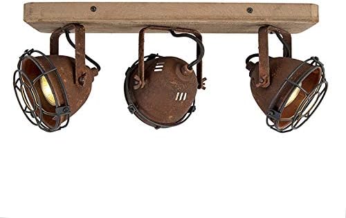 Qazqa - Industrial Spotbar I Spotlight Ceiling bar Rust Brown with Wood tiltable 3-Way Light - Gina- - Industrial - Suitable for LED GU10 | 3 Way Light - Steel Spotway Light - Suitable for Living ro