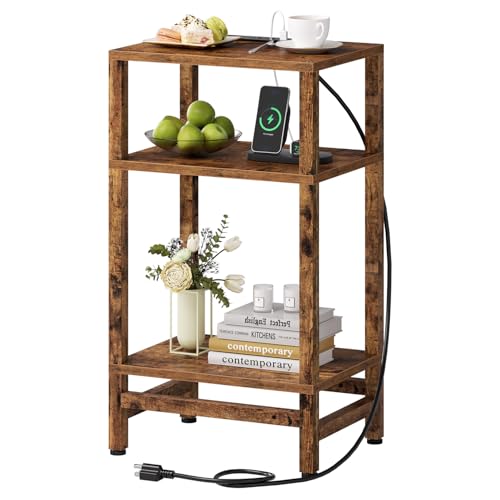 Creso hom Side Table with Fast Charging Station, 3 Tier End Table with Type C and USB Port, Small Bedside Tables for Small Space, End Tables for Living Room, Bedroom, Office, Rustic Brown