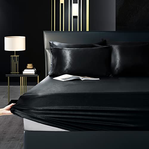 Manyshofu 6Pcs Black Satin Duvet Cover Set Queen Size With Satin Fitted Sheet - Not Comforter, Silky Comforter Cover Set Satin Duvet Covers And Sheets (4 Pillowcases, 1 Duvet Cover, 1 Fitted Sheet) #TOP4