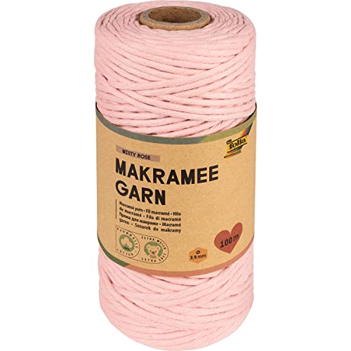 folia 24994 Misty Rose Macrame Yarn, 100% Cotton, 100 m Twisted Yarn in Dusky Pink, Diameter 3.5 mm, for Crafts and Knotting