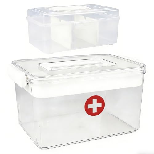 Duimbok Medicine Cabinet Organizer with Lid, Clear Plastic Medicine Organizer for Cabinet and Countertop, First Aid Box for Bathroom Storage, Portable Medical Box with Handle for Home Use
