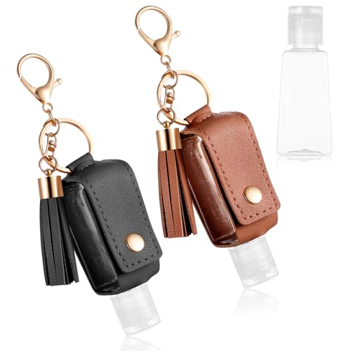 Grevosea 2Pcs Hand Sanitizer Holder, 30ml Portable Leather Hand Sanitizer Travel Size Keychain Empty Squeeze Bottles Refillable Container for Toiletry Lotion Liquid Soap Shampoo (Black+Brown)