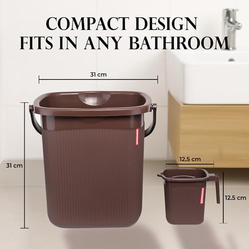 Image of Modware Square Ribbon Plastic Bucket Set with Mug | 18L Brown Bathroom Bucket with Handle + 1L Mug | Heavy-Duty Polypropylene + Co-Polymer | Stylish & Durable Bath Set (Brown)