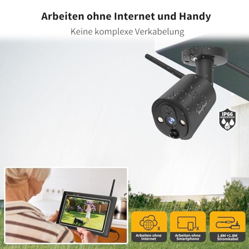 SecuFirst 2K Funk Überwachungskamera Aussen Set mit Monitor,4X Außen Kameras Videoüberwachung +7 Zoll Touchscreen NVR Bildschrim,mit PIR AI Bewegungsmelder,64 GB SD-Karte.