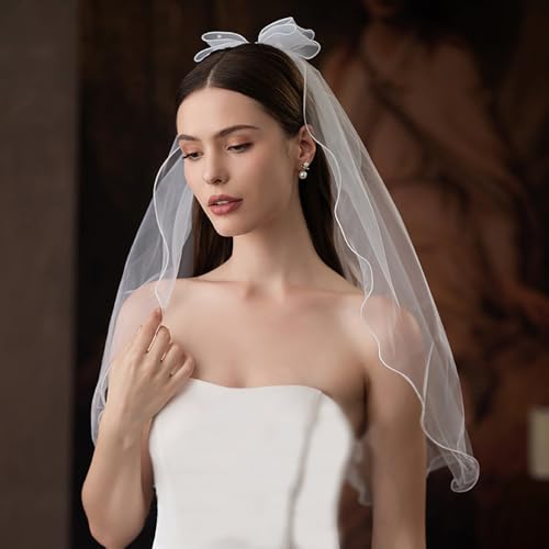 Bow Pearl Bride Veil Pearl +Lotus leaf gloves Set Wedding Bridal Veil/Bride/Bachelorette Party Veil for Women and Brides Hairpin3