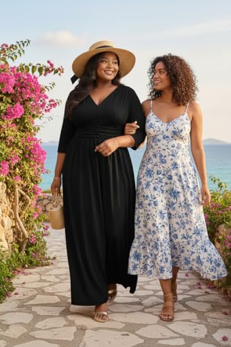 Image of Runwind Plus Size Maxi Dress 3 /4 Sleeve V-Neck Pleated Faux Buttons Pockets