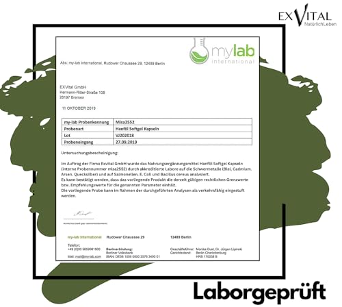 EXVital HANFÖL Kapseln - hochdosiert & kaltgepresst | 365 Kapseln (Jahresvorrat) | 1000mg je Kapsel | Laborgeprüft | pflanzliche Omega 3,6 + 9 - Hanfsamenöl | Made in Germany