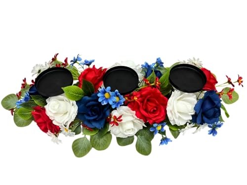 Image of Svndlyn 4th of July Decorations,Patriotic Floral Arrangement Centerpiece for Table,Centerpiece with 3 Candle Holder,Red White and Blue Fake Rose Flowers for Independence Day Home Decor,Memorial Day