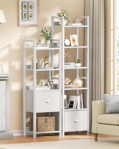 Image of Furologee 6 Tier Bookshelf, Tall Shelf with Drawer, Wood and Metal Bookshelves Storage Organizer, Modern Display Shelving Unit for Bedroom, Living Room, Home Office, White