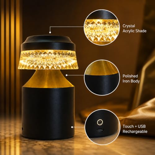 Image of One94Store Acrylic Crystal Desk Lamp Design-2 | Touch Control Dimmable Warm Light | USB Rechargeable Decorative Table Lamp for Bedroom, Living Room & Cafe