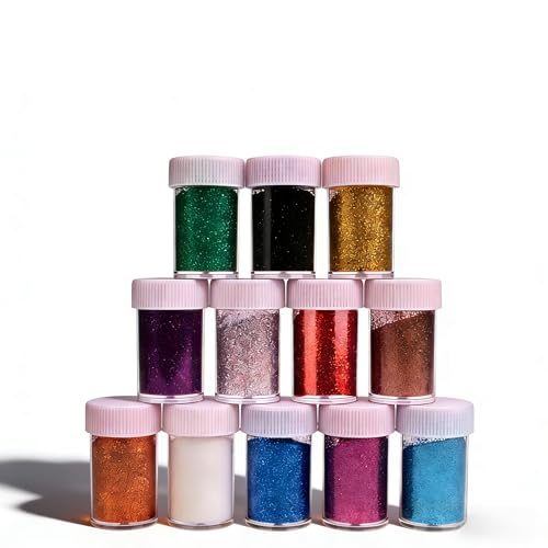 Heanvmyss Feiner Glitzer in 12 Leuchtenden Farben,Glitter für Handwerk,Gesicht Glitter,Bastel Glitzerpulver,Körpernagelglitzer für Party,Kunstunterricht,Bühnen-Make-up(Je 18g)