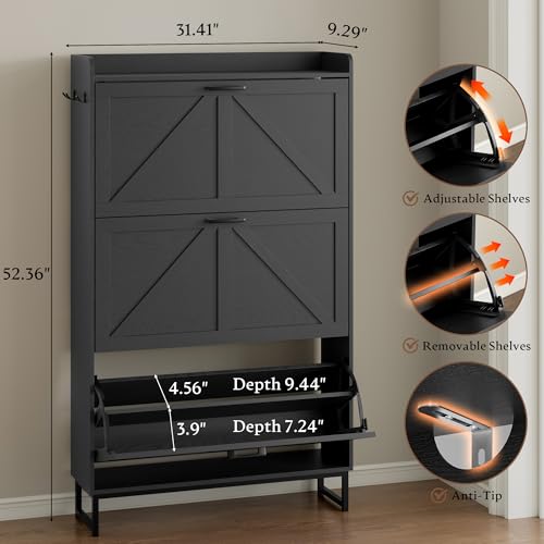 Image of BORNOON Shoe Cabinet with 3 Flip Drawers Narrow Shoe Storage Cabinet Organizer Wooden Freestanding Shoe Rack Hidden Slim Shoes Storage Cabinet for Entryway, Hallway, Living Room, Bedroom