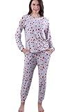Awlsyj Pigiama da donna, set da 2 pezzi, a maniche lunghe, con tasche, Ciliegia Azzurro, XL
