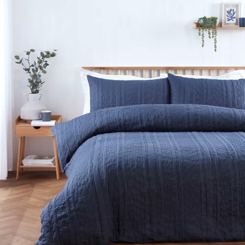 M&H Double Duvet Set – Navy Blue Seersucker Bedding | Soft Microfibre Bed Linen with 2 Pillowcases | Wrinkle-Free & Easy-Care Quilt Cover (100% Polyester)