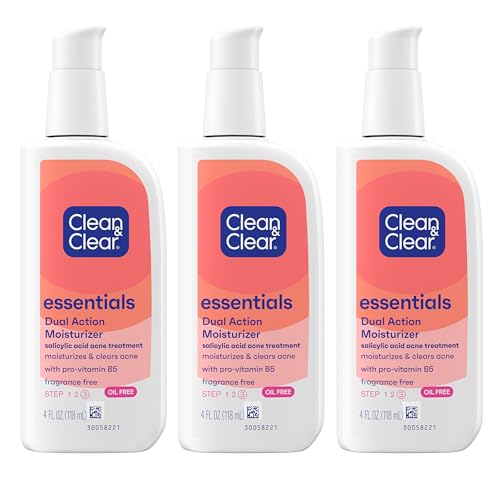 Clean & Clear Essentials Dual Action Oil-Free Facial Moisturizer, Salicylic Acid Acne Treatment with Pro-Vitamin B5 Moisturizes While Treating Acne & Helping to Prevent Pimples, 4 fl. oz, 3 Pack