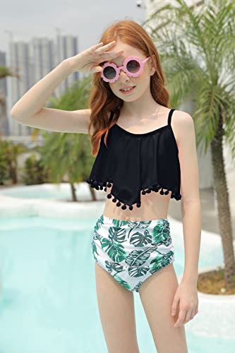 Haloumoning Girls Swimsuit Two Pieces Bikini Set Ruffle Beach Swimwear Kids Floral Printing Bathing Suits 4-15 Years A-Black #TOP2