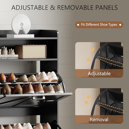 Image of Shoe Cabinet with 4 Flip Drawers, Freestanding Hidden Shoe Storage Organizer for Entryway, Narrow Slim Shoe Rack Cabinet with Open Storage & Hooks for Front Door Entrance, Living Room, Hallway, Black