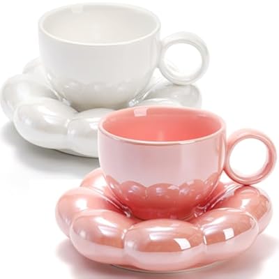 Goaste 2 Pack Ceramic Coffee Mug with Saucer Set, Cute Cloud Mug with Sunflower Coaster, 8oz Creative Latte Tea Cup for Office, Home, Coffee, Tea, Latte, Milk, Pink, Pearl White
