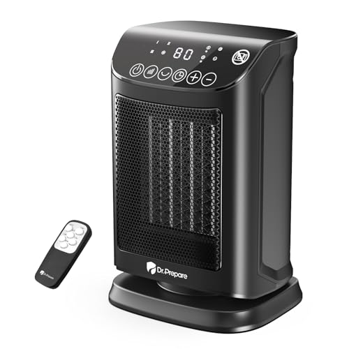 DR.PREPARE 1500W Small Space Heater for Indoor Use, Portable PTC Ceramic Electric Heater with Thermostat, Oscillation, Remote, 12H Timer, 3 Heat Modes + Fan + ECO Mode, Safe Heater for Office Bedroom
