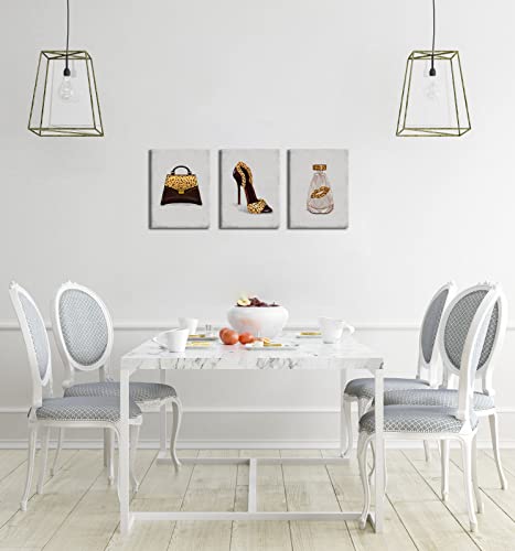 Fushvre 3 Pieces Fashion Canvas Wall Art High Heel Perfume Handbags Decor Set For Woman Glam Trendy Leopard Prints Artwork For Home Bedroom Cloth Shop Framed Ready To Hang #TOP2