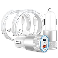 Car Charger, 2Pack 48W Car Charger Adapter with 3FT Lightning Cable, 2-Port (USB C+USB A) PD/QC 4.0 Fast Charge Cigarette Lighter USB Charger 12V USB Socket for iPhone 14/13/12/11, iPad and More